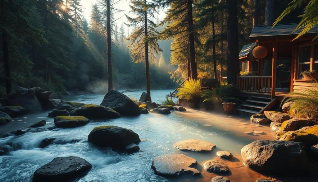 A cozy hot spring nestled in a lush, forested valley. The steaming, mineral-rich waters flow gently over smooth, mossy rocks, surrounded by towering pines and ferns. Soft, golden sunlight filters through the canopy, casting a warm glow on the serene scene. In the background, the distant sounds of a babbling river add to the peaceful ambiance. A wooden, rustic-style cabin sits on the edge of the spring, its inviting porch overlooking the tranquil pool. The overall mood is one of relaxation, harmony with nature, and a sense of being immersed in a hidden, secluded retreat.