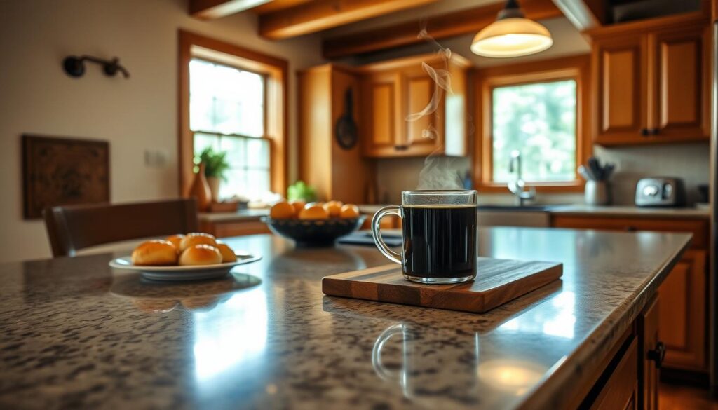 A cozy kitchen counter, the surface gleaming with a hint of morning sunlight filtering through a nearby window. A steaming mug of fresh-brewed coffee sits atop a wooden cutting board, its aroma wafting gently. Nearby, a plate holds a selection of freshly baked pastries, their golden crusts contrasting with the dark, rich tones of the coffee. The scene is framed by a rustic, exposed-beam ceiling and natural wood cabinetry, creating a warm, inviting atmosphere that evokes the charm of a Hill Country cabin. The overall impression is one of simple elegance and the comforts of a well-appointed kitchen, ready to greet the day.