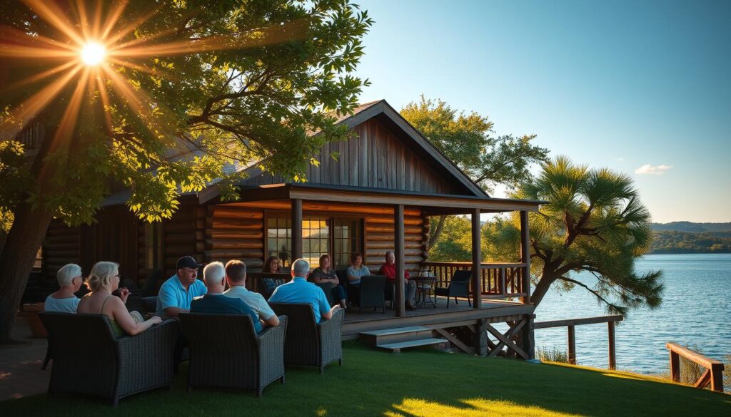 A cozy lakefront cabin nestled amidst lush greenery, with guests gathered on the wooden porch overlooking the serene waters of a Texas lake. Warm morning sunlight filters through the trees, casting a golden glow on the scene. In the foreground, a group of people sit comfortably on wicker chairs, engaged in quiet conversation and enjoying the tranquil atmosphere. The middle ground features the cabin's rustic facade, with its weathered wooden siding and inviting porch. In the background, the glistening lake stretches out, surrounded by rolling hills and a cloudless blue sky. The overall mood is one of peaceful solitude and scenic splendor, perfect for a sunrise devotional or a moment of solitary contemplation.