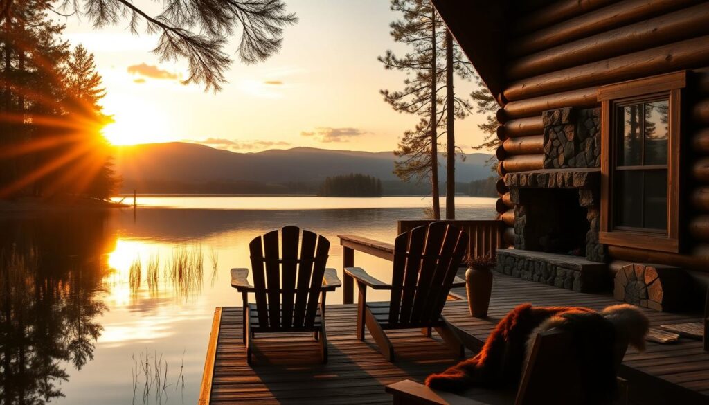 A cozy lakeside cabin nestled amidst towering pines, its rustic wooden exterior reflecting in the still, mirror-like waters. A pair of Adirondack chairs sit on the dock, facing the breathtaking vista of rolling hills and a cloudless sky ablaze with the warm glow of a setting sun. Warm, golden light filters through the windows, casting a soft, inviting ambiance within the cabin's interior, where a stone fireplace crackles and a fur throw beckons. The scene evokes a sense of tranquility and romance, perfect for a peaceful getaway in the heart of the Kansas countryside.