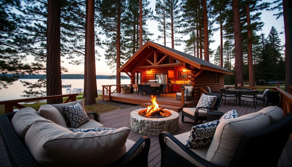 A cozy lakeside cabin nestled among tall pine trees, with a spacious deck overlooking the tranquil waters. In the foreground, plush outdoor furniture invites guests to relax and soak in the serene ambiance. A well-stocked kitchenette in the middle ground offers all the modern amenities for effortless meal preparation. Soft lighting from strategically placed lanterns and a crackling firepit create a warm, inviting atmosphere, perfect for unwinding under the starry night sky. The scene is captured through a wide-angle lens, emphasizing the harmonious blend of nature and comfort that defines the quintessential lakeside retreat experience.