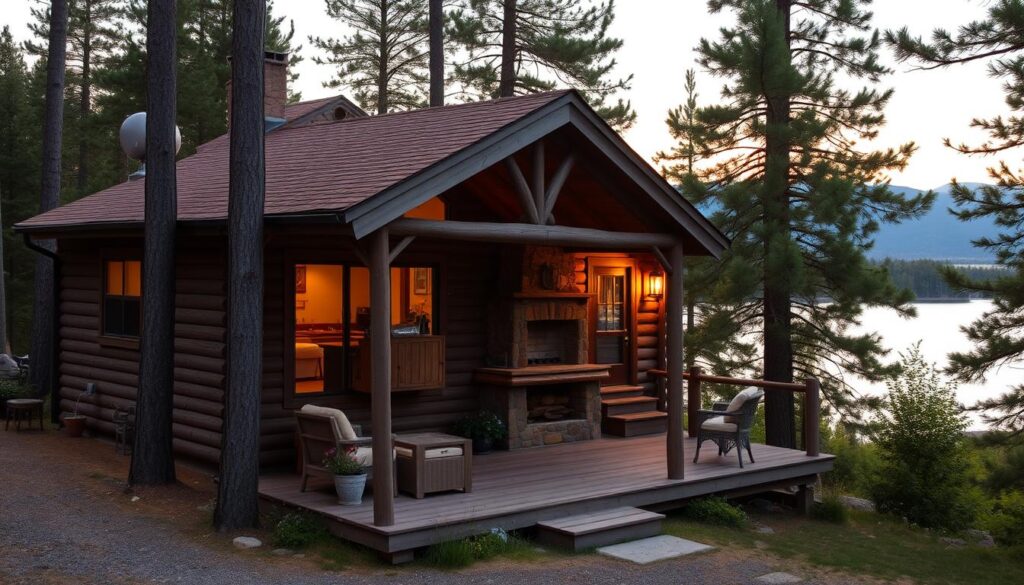 A cozy lakeside cabin nestled among towering pines, its weathered wooden exterior exuding rustic charm. The cabin's inviting porch overlooks a serene lake, its calm waters reflecting the golden glow of the setting sun. Inside, the interior features warm, natural tones, with exposed beams, a stone fireplace, and plush furnishings that evoke a sense of comfort and relaxation. The scene is illuminated by soft, ambient lighting, creating a peaceful and romantic atmosphere. The cabin is situated on a secluded lot, surrounded by lush greenery and the tranquil sounds of nature, offering a perfect escape from the bustle of everyday life.