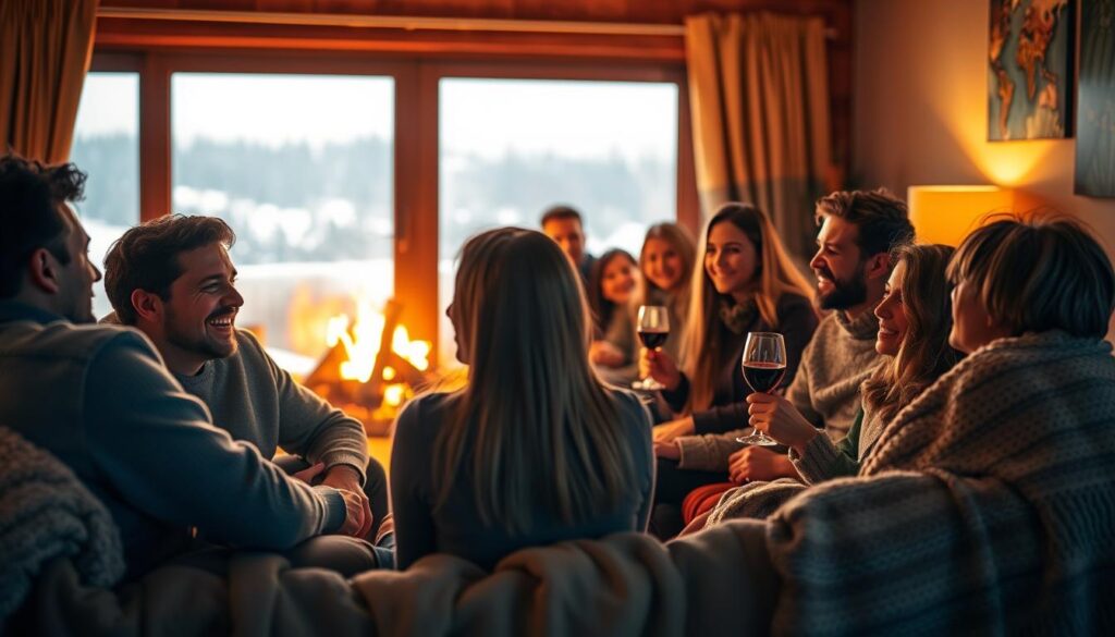 A cozy living room with a group of friends gathered around a crackling fireplace, their faces aglow with warmth and laughter. Soft ambient lighting casts a golden hue, highlighting the inviting textures of plush throws and knit blankets. In the foreground, two guests sit closely, engaged in an animated conversation, their expressions open and genuine. In the middle ground, another pair lean back comfortably, wine glasses in hand, sharing a moment of easy camaraderie. The background frames a large window, showcasing a serene winter landscape beyond, hinting at the tranquility and solace found within. The overall scene evokes a sense of belonging, comfort, and the joy of simple moments shared among loved ones.