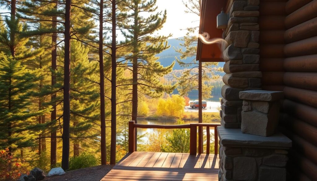 A cozy log cabin nestled amidst a lush, verdant forest in the heart of New England. Sunlight filters through the towering pines, casting a warm, golden glow across the scene. In the foreground, a well-worn wooden porch beckons, inviting you to sip hot cider and gaze out at the rolling hills in the distance. The cabin's rustic charm is accented by a stone chimney, wisps of smoke curling upwards. Nearby, a tranquil lake reflects the changing hues of the autumn foliage, creating a picturesque tableau. This idyllic retreat promises a peaceful escape from the hustle and bustle, where you can reconnect with nature and indulge in the simple pleasures of life.
