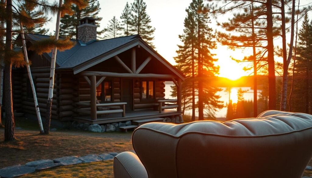 A cozy log cabin nestled amidst the serene Northern Michigan landscape, bathed in warm golden light as the sun dips below the horizon. Tall pines and birch trees frame the scene, their branches gently swaying in the cool breeze. In the foreground, a plush, oversized armchair invites you to curl up and take in the breathtaking views of the nearby lake, its still waters reflecting the vibrant hues of the sunset. The cabin's rustic exterior, with its weathered wood and river rock accents, blends seamlessly into the natural setting, creating a sense of tranquility and escape. This is the essence of Northern Michigan's cabin country, a place where time slows down and the beauty of the great outdoors takes center stage.
