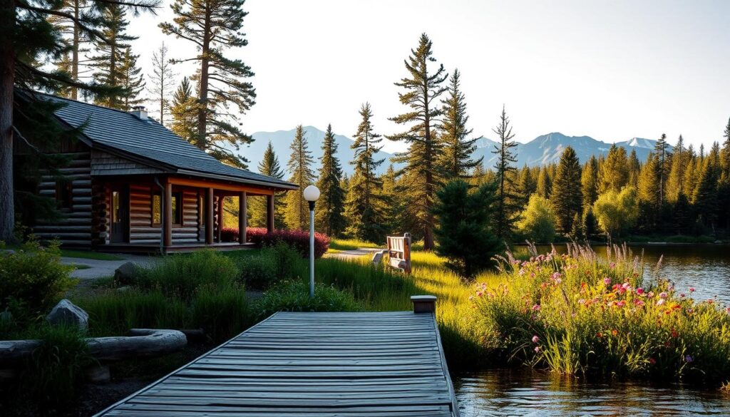 A cozy log cabin nestled amidst the verdant pines overlooking the serene waters of Torch Lake. The cabin's rustic exterior blends seamlessly with the natural landscape, its weathered wooden panels reflecting the dappled sunlight. In the foreground, a well-worn wooden dock juts out into the lake, inviting leisurely strolls and quiet contemplation. The middle ground features a lush, verdant garden bursting with vibrant wildflowers, their petals swaying gently in the soft breeze. The background showcases the majestic peaks of the surrounding mountains, their snow-capped summits casting long shadows across the tranquil lake. The scene is imbued with a warm, golden glow, creating a serene and inviting atmosphere perfect for summer reflection.