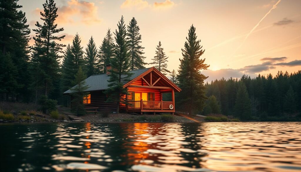 A cozy log cabin nestled amidst towering pines, its wooden exterior bathed in the warm glow of golden hour. In the foreground, a tranquil lake reflects the idyllic scene, its surface rippling gently. The cabin's porch beckons, inviting visitors to unwind and soak in the serene atmosphere. Through the cabin's windows, a crackling fireplace casts a soft, inviting light. The background is filled with a lush, verdant forest, its canopy of trees providing a natural sanctuary. Wispy clouds drift across a pastel sky, complementing the peaceful, romantic mood. A lens flare adds a touch of ethereal wonder, enhancing the sense of escape and solitude.
