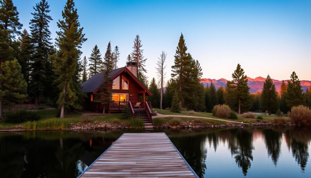 A cozy, log cabin nestled amidst towering pines, with a serene pond reflecting the surrounding natural beauty. The cabin's rustic exterior blends seamlessly with the verdant landscape, inviting guests to immerse themselves in the tranquil atmosphere of Island Park, Idaho. Warm, ambient lighting filters through the cabin's windows, hinting at the comfortable and inviting interior within. In the foreground, a wooden dock extends over the glistening pond, offering a perfect spot for fishing or simply taking in the breathtaking views. In the distance, the majestic Yellowstone National Park looms, its iconic peaks visible on the horizon. This picturesque scene captures the essence of a quintessential Idaho cabin rental, perfect for a pet-friendly, nature-filled getaway.