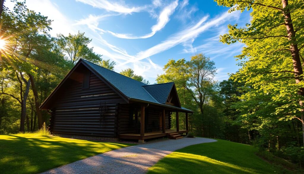 A cozy log cabin nestled among the lush, verdant trees of the Shawnee National Forest, bathed in warm, golden afternoon sunlight filtering through the canopy. A gravel path leads to the cabin's inviting front porch, where rocking chairs beckon. The cabin's rustic exterior blends seamlessly with the surrounding natural beauty, creating a serene, romantic atmosphere perfect for a secluded forest getaway. Wispy clouds drift overhead in the bright blue sky, while the distant sound of a babbling brook adds to the tranquil ambiance. This idyllic scene captures the essence of a peaceful, forest-filled retreat in Southern Illinois.