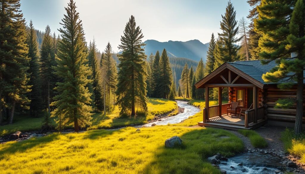 A cozy log cabin nestled in a lush Idaho forest, surrounded by towering pines and a crystal-clear stream meandering through the valley. Sunlight filters through the canopy, casting a warm, golden glow on the weathered wooden exterior. The cabin's porch overlooks a serene meadow, inviting you to sit and soak in the tranquil mountain atmosphere. In the distance, rugged peaks pierce the horizon, hinting at the outdoor adventures that await. The scene evokes a sense of rustic charm and escape from the everyday, setting the stage for an unforgettable Idaho cabin getaway.