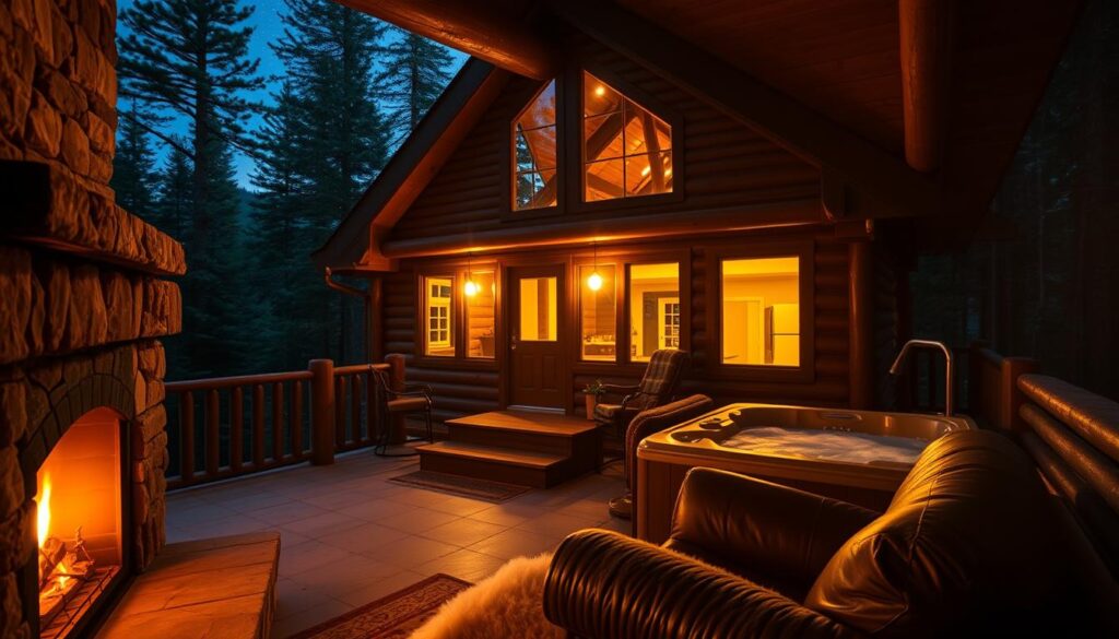 A cozy log cabin nestled in a lush, evergreen forest, bathed in warm, golden light filtering through the canopy. In the foreground, a stone fireplace crackles, casting a soft, flickering glow across the plush, fur-lined furniture. An oversized leather armchair sits adjacent to a bubbling hot tub on a private deck, inviting guests to sink in and bask in the tranquil, romantic ambiance. The scene is framed by towering pines and a starry night sky, creating a serene, secluded sanctuary perfect for a intimate getaway.