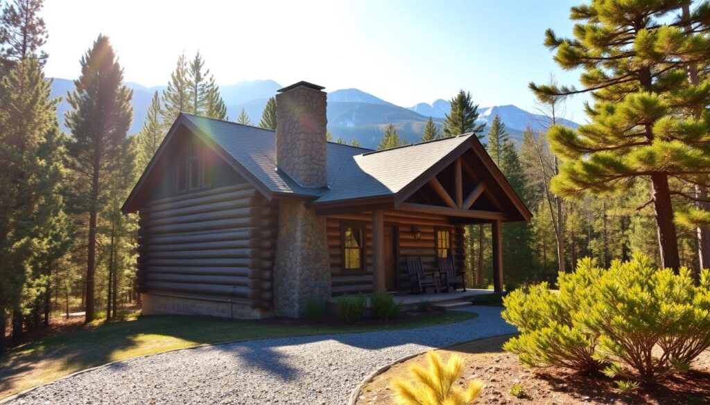 A cozy log cabin nestled in a lush, forested landscape, bathed in warm, golden sunlight filtering through the pine trees. The cabin's rustic exterior features weathered wooden siding and a charming stone chimney, inviting you to step inside and experience the tranquility of the great outdoors. In the foreground, a well-maintained gravel path leads to the cabin's inviting front porch, where rocking chairs beckon you to sit and take in the serene, natural surroundings. The background showcases a picturesque mountain range, its peaks capped with snow, creating a breathtaking backdrop for this quintessential cabin retreat.