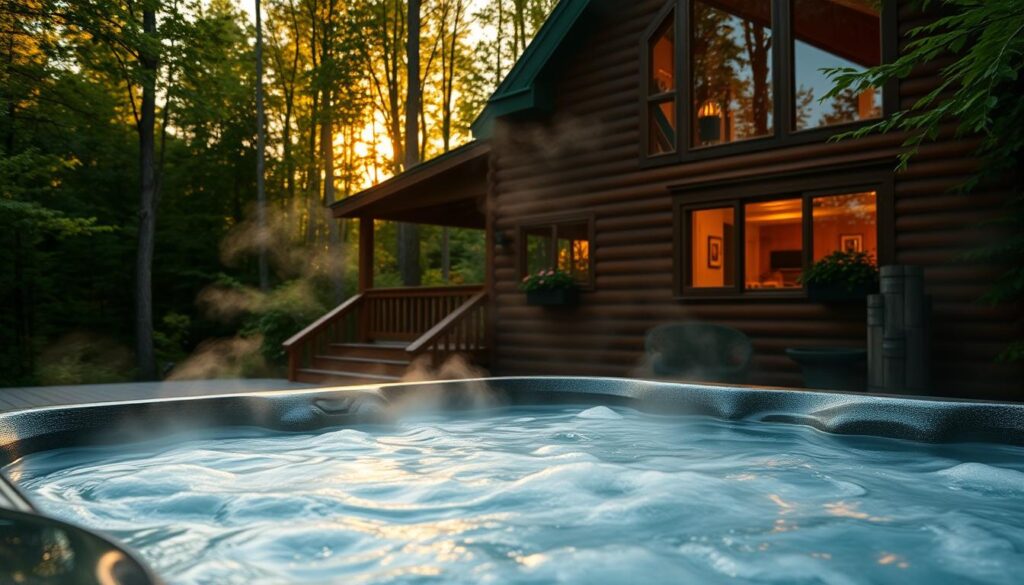 A cozy log cabin nestled in a secluded forest clearing, its wooden exterior glowing warmly in the soft, golden light of the setting sun. In the foreground, a steaming hot tub bubbles invitingly, its surface reflecting the lush, verdant foliage surrounding it. Wisps of steam rise from the water, creating a hazy, romantic atmosphere. The cabin's large windows offer glimpses of a comfortable interior, promising a tranquil retreat from the outside world. The scene evokes a sense of serenity and natural harmony, perfectly capturing the serene Michigan cabin experience.