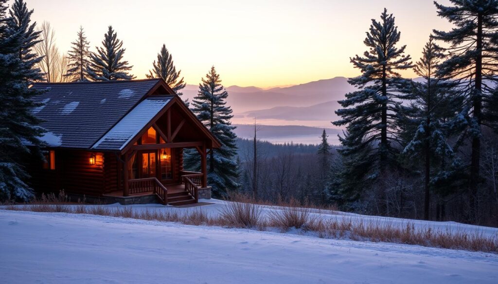 A cozy log cabin nestled in the heart of the Connecticut countryside, surrounded by a lush forest canopy and a serene, snow-covered landscape. The cabin's warm, inviting exterior is illuminated by the soft glow of outdoor lanterns, casting a romantic ambiance over the scene. Through the large windows, one can glimpse the flickering flames of a crackling fireplace within, promising a cozy and intimate retreat. In the foreground, a dusting of fresh snow covers the ground, while in the middle distance, towering pine trees stand tall, their branches laden with snow. The background is a hazy, mountainous horizon, tinged with the golden hues of a setting sun, creating a serene and peaceful atmosphere.