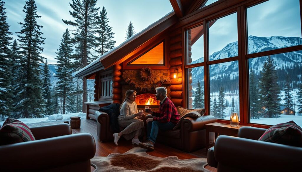 A cozy log cabin nestled in the heart of the Montana wilderness, surrounded by towering pines and snow-capped peaks. The warm glow of firelight spills out from the windows, inviting a couple to curl up together on a bearskin rug, sipping rich hot cocoa. Soft ambient lighting casts a romantic, intimate atmosphere, while large picture windows frame a breathtaking vista of the rugged, untamed landscape beyond. The cabin's rustic-chic interior features plush leather furnishings, a crackling fireplace, and tasteful alpine-inspired decor, creating a luxurious yet nature-immersed retreat for two.