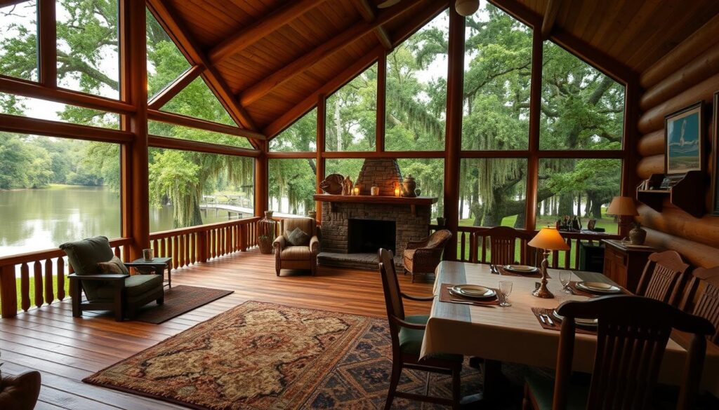 A cozy log cabin nestled in the lush Bayou forests of Louisiana, with a wide porch overlooking a serene river. The interior features rustic wood furnishings, a stone fireplace, and large windows that let in the warm natural light. In the foreground, a plush rug and comfortable armchair invite guests to relax. In the middle ground, a dining table set for an intimate meal. The background showcases the verdant greenery outside, with cypress trees and Spanish moss creating a romantic, secluded atmosphere. Soft lighting casts a warm glow, adding to the inviting and peaceful ambiance.