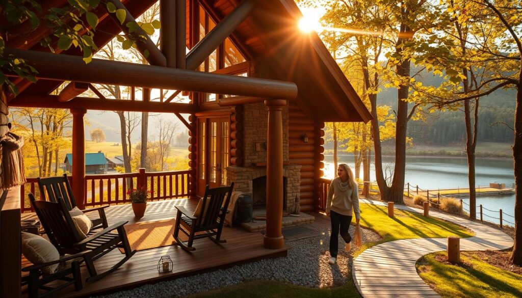 A cozy log cabin nestled in the lush, rolling hills of Brown County, Indiana. Warm, golden sunlight filters through the trees, casting a romantic glow on the rustic exterior. The cabin's wraparound porch beckons with comfortable rocking chairs, inviting visitors to sit and soak in the tranquil scenery. Inside, the cabin exudes a sense of rustic elegance, with exposed beams, a stone fireplace, and plush furnishings in earthy tones. Through the large windows, a picturesque view of a serene lake reflects the surrounding forest. Couples stroll hand-in-hand along a winding path, taking in the beauty of the natural surroundings. The overall atmosphere is one of peaceful seclusion and romantic charm, perfect for a cozy cabin retreat in the heart of Brown County.