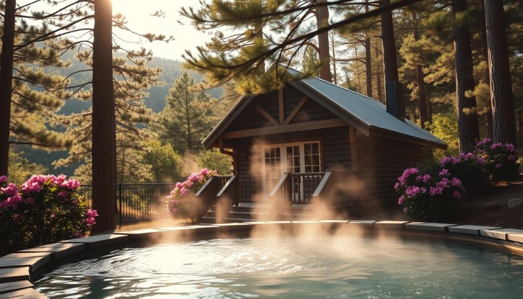 A cozy log cabin nestled in the lush, verdant foothills of North Carolina's Blue Ridge Mountains. In the foreground, a tranquil hot spring pool fed by natural mineral-rich waters, steam gently rising into the crisp mountain air. Tall pine trees and rhododendron bushes frame the scene, casting dappled shadows across the weathered wooden cabin and its inviting porch. Warm, golden light filters through the trees, illuminating the rustic, welcoming atmosphere. The angle is slightly elevated, providing a picturesque vista of this intimate, romantic retreat amidst the stunning natural beauty of the Appalachian highlands.
