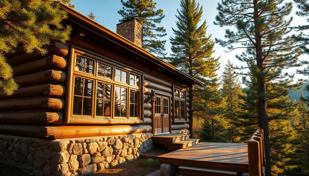 A cozy log cabin nestled in the picturesque Montana wilderness, its rough-hewn exterior walls adorned with a series of charming, oversized log-framed windows that let in warm, natural light. The cabin is surrounded by a lush forest of towering evergreens, their branches swaying gently in the mountain breeze. The cabin's stone foundation and chimney add a rustic, timeless quality, while the wooden deck provides a perfect spot to take in the serene beauty of the landscape. The scene is bathed in soft, golden afternoon light, creating a mood of peaceful tranquility and authentic, cabin-in-the-woods comfort.