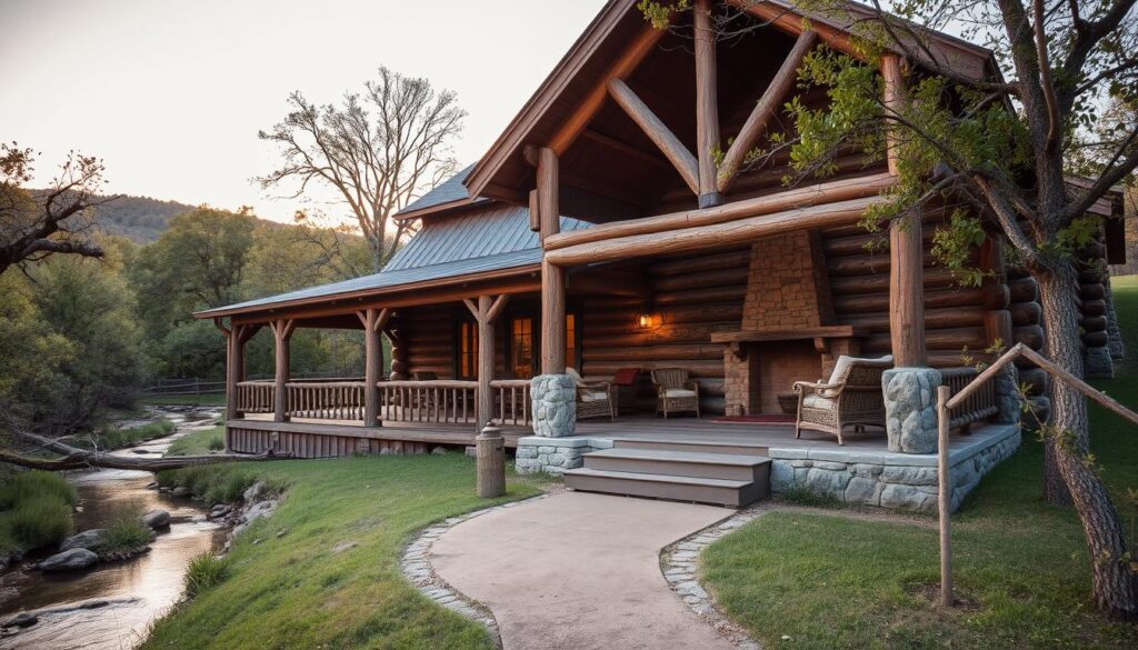 A cozy log cabin nestled in the rolling hills of Granbury, Texas, its weathered wooden facade reflecting the warm glow of the setting sun. The cabin's large front porch offers a peaceful respite, inviting guests to sit and watch the world go by. Inside, the interior is a harmonious blend of rustic charm and modern comforts, with exposed beams, a stone fireplace, and plush furnishings. The cabin is surrounded by lush greenery, with a tranquil stream meandering nearby, creating a serene and historic atmosphere. The scene is captured through a wide-angle lens, framing the cabin in its idyllic natural setting, evoking a sense of timeless relaxation and connection to the land.