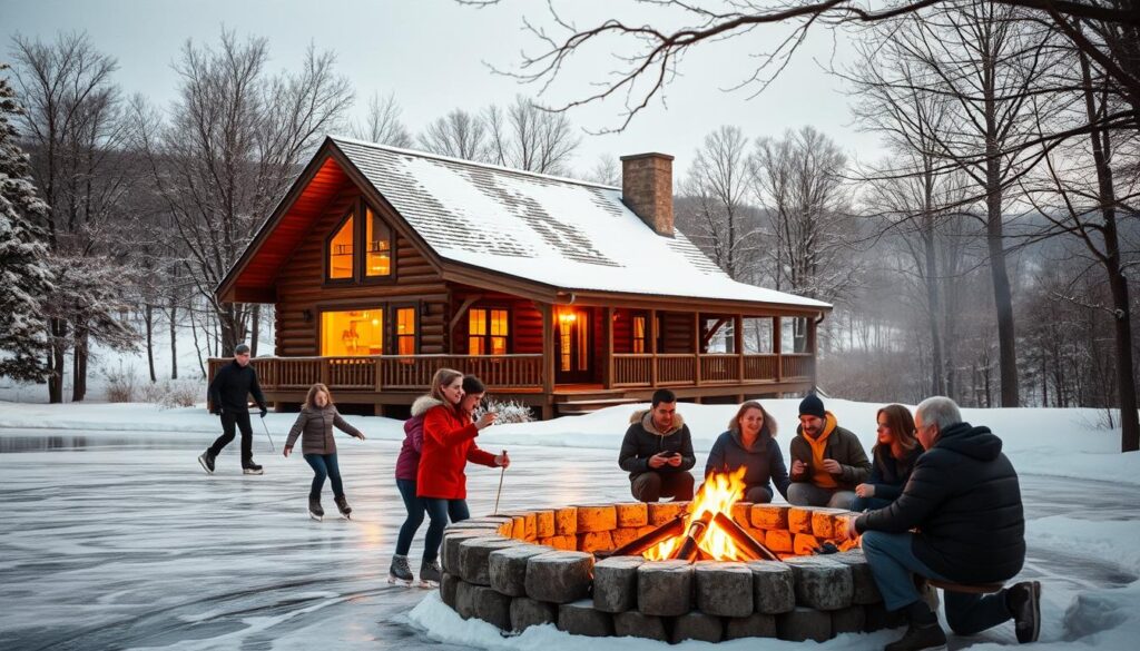 A cozy log cabin nestled in the rolling hills of Indiana, surrounded by a winter wonderland. In the foreground, a family ice skating on a frozen pond, their laughter echoing through the crisp air. In the middle ground, a group of friends gathered around a crackling firepit, roasting marshmallows and sharing stories. In the background, snow-capped trees sway gently, casting long shadows across the scene. Warm lighting from the cabin windows illuminates the peaceful atmosphere, creating a sense of rustic charm and romantic retreat.