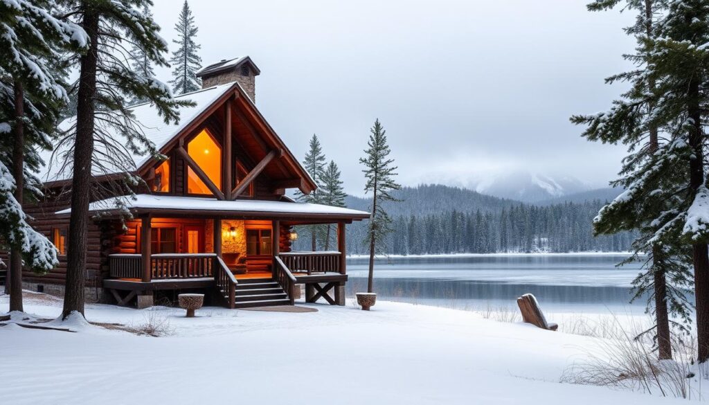 A cozy log cabin nestled in the rolling hills of Traverse City, Michigan, surrounded by a picturesque forest landscape. The cabin's rustic charm is accentuated by its large stone fireplace, inviting porch, and warm lighting filtering through the windows. Soft snowfall dusts the scene, creating a serene and romantic atmosphere. A frozen lake in the middleground reflects the cabin's image, while the distant mountains provide a majestic backdrop. The composition is framed by tall, snow-capped pine trees, evoking a sense of seclusion and escape. This image captures the essence of a quintessential Michigan cabin getaway, perfect for a romantic retreat.