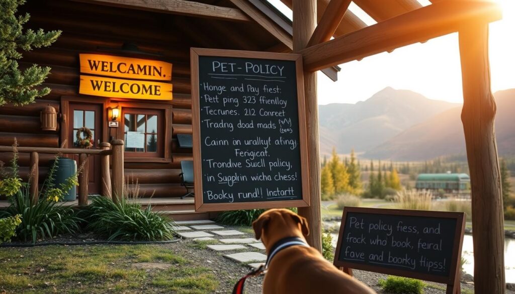 A cozy log cabin nestled in the serene Idaho wilderness, its exterior adorned with a warm, welcoming sign. In the foreground, a leashed dog eagerly waits to explore the pet-friendly grounds, surrounded by lush greenery and a tranquil pond. The middle ground showcases a detailed chalkboard displaying the cabin's pet policy, fees, and booking tips, framed by rustic wooden beams. The background is a picturesque mountain vista, bathed in soft, golden lighting that casts a serene, inviting atmosphere. The overall scene conveys the perfect balance of nature, comfort, and pet-friendly hospitality.