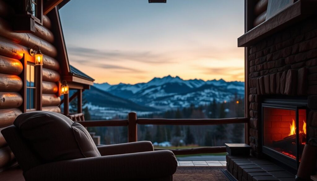 A cozy log cabin nestled in the serene Idaho wilderness, its warm lights aglow against the fading dusk. In the foreground, a plush armchair invites the weary traveler to sink in and relax, a crackling fireplace casting a golden glow. Through the large picture window, a picturesque mountain landscape unfolds, snow-capped peaks silhouetted against a dusky sky. The scene exudes a sense of tranquility and comfort, a perfect retreat for those seeking to unwind and "stay" a while in this pet-friendly oasis.