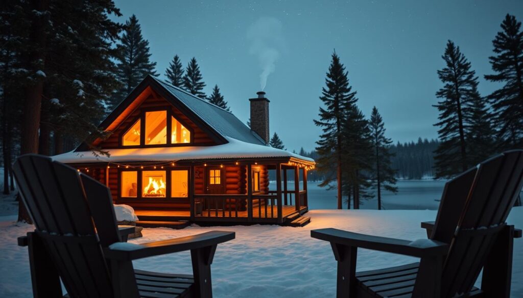 A cozy log cabin nestled in the serene Michigan wilderness, surrounded by towering pines and a glistening lake. Warm firelight flickers through the windows, casting a romantic glow across the snow-dusted landscape. In the foreground, a pair of Adirondack chairs face each other, inviting you to curl up and sip hot cocoa as you gaze at the starry night sky. The cabin's rustic exterior is adorned with twinkling string lights, while a gentle wisp of smoke rises from the chimney. This tranquil escape exudes an atmosphere of intimate connection, perfect for a couple's romantic getaway.