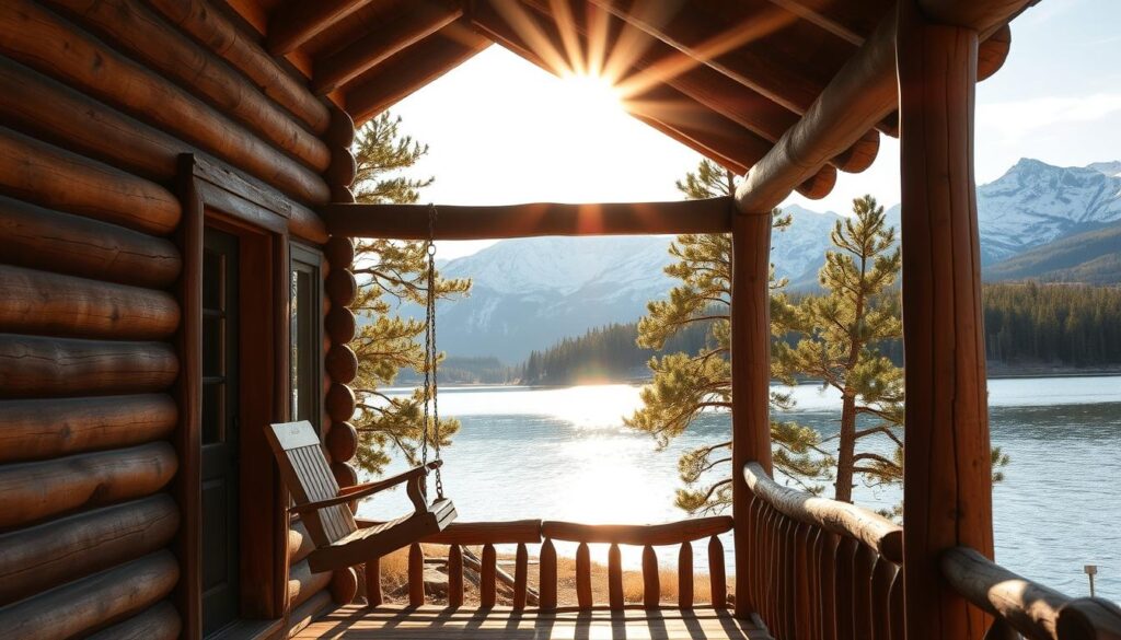 A cozy log cabin nestled on the shore of a serene alpine lake, its wooden porch framing a breathtaking view of the surrounding mountains. Warm, golden light filters through the pine trees, casting a soft glow on the weathered cabin. A rustic wooden swing hangs from the porch's ceiling, inviting you to sit and take in the tranquil scene. The porch's sturdy log beams and hand-crafted railings evoke a sense of rustic charm, perfectly complementing the cabin's natural setting. In the distance, snowcapped peaks rise majestically, their reflection rippling in the calm waters of the lake. This idyllic lakeside retreat promises a romantic getaway amidst the stunning natural beauty of Utah's Red Canyon.