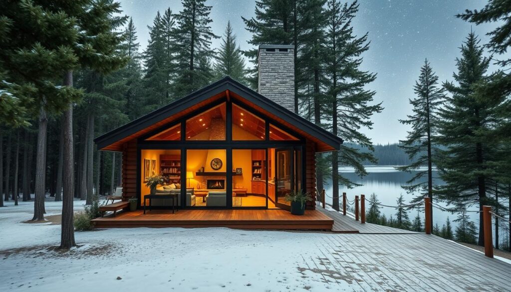 A cozy, modern cabin nestled in a lush forest glade, its angular roofline and floor-to-ceiling windows reflecting the natural surroundings. Soft, warm lighting spills from the interior, illuminating a spacious living area with mid-century inspired furnishings and a stone fireplace. Beyond the cabin, a wooden deck overlooks a serene lake, its still waters mirroring the starry night sky. Gentle snow drifts down, casting a peaceful, Scandinavian-inspired ambiance over the scene.