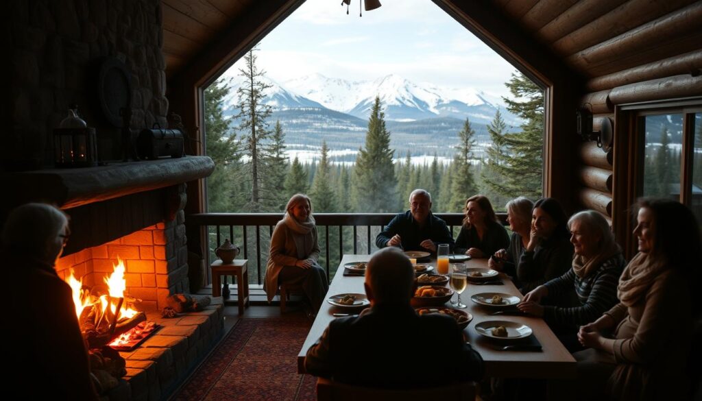 A cozy mountain cabin in Whitefish, Montana, surrounded by a serene forest. In the foreground, a group of guests gather around a crackling fireplace, their faces lit by the warm glow. In the middle ground, a large wooden dining table is set for a family-style meal, with steaming dishes and laughter-filled conversation. Through the large windows, the snow-capped peaks of the Rocky Mountains are visible in the distance, creating a breathtaking backdrop. The scene is bathed in soft, natural lighting, casting a tranquil and inviting atmosphere. The guests appear relaxed and content, capturing the essence of a hidden sanctuary retreat. A cozy mountain cabin in Whitefish, Montana, surrounded by a serene forest. In the foreground, a group of guests gather around a crackling fireplace, their faces lit by the warm glow. In the middle ground, a large wooden dining table is set for a family-style meal, with steaming dishes and laughter-filled conversation. Through the large windows, the snow-capped peaks of the Rocky Mountains are visible in the distance, creating a breathtaking backdrop. The scene is bathed in soft, natural lighting, casting a tranquil and inviting atmosphere. The guests appear relaxed and content, capturing the essence of a hidden sanctuary retreat.