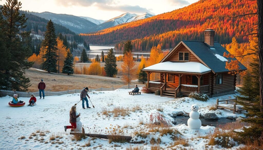 A cozy mountain cabin nestled amidst a lush, seasonal landscape. In the foreground, a family enjoys classic winter activities - sledding, snowshoeing, and building a snowman. The middle ground reveals a scenic spring meadow, with wildflowers blooming and a babbling brook nearby. In the distance, a vibrant autumn forest provides a stunning backdrop, its fiery hues reflecting in a serene lake. Warm, golden lighting bathes the entire scene, evoking a sense of peaceful tranquility and timeless beauty. The composition captures the diverse seasonal delights accessible from the cabin's doorstep, inviting the viewer to immerse themselves in the natural rhythms of this picturesque Montana retreat.