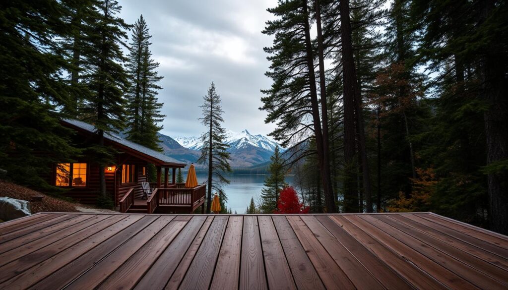 A cozy mountain cabin nestled among towering pine trees, with a warm glow emanating from its windows. The foreground features a well-worn wooden deck, inviting visitors to relax and take in the stunning vista of snow-capped peaks in the distance. The middle ground showcases a tranquil lake, its surface reflecting the vibrant hues of the autumn foliage. Soft, diffused lighting bathes the scene, creating a serene and inviting atmosphere. The image is captured through a wide-angle lens, allowing the viewer to fully immerse themselves in the breathtaking natural surroundings.