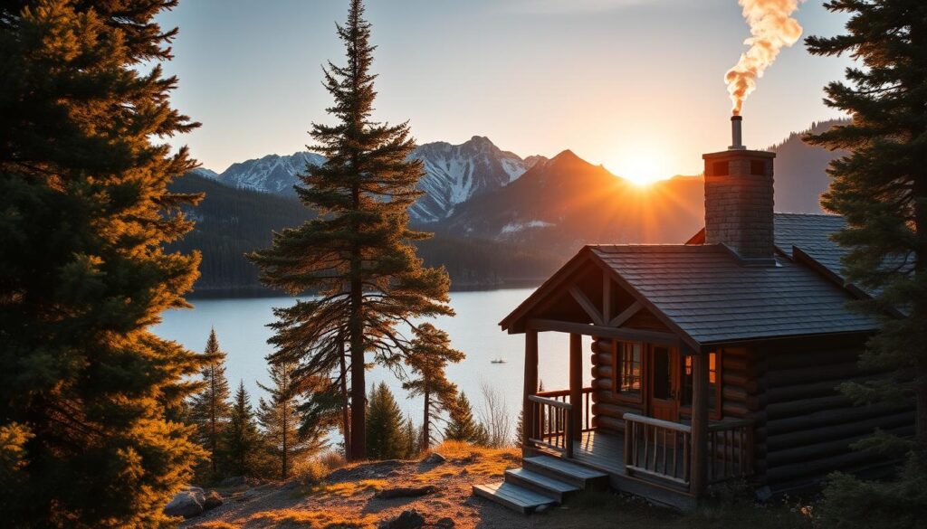 A cozy mountain cabin nestled among towering pines, its rustic exterior bathed in warm golden light as the sun dips behind the majestic peaks in the distance. The cabin's porch overlooks a tranquil lake, its still waters reflecting the serene landscape. Smoke curls from the cabin's chimney, promising the comfort of a crackling fire within. The scene evokes a sense of peaceful solitude, a perfect retreat from the hustle and bustle of everyday life.