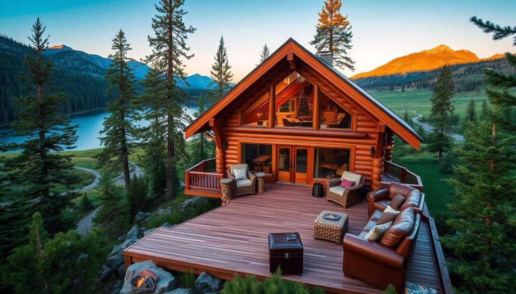 A cozy mountain cabin nestled among towering pines, its wooden exterior bathed in warm, golden light. The interior exudes rustic elegance, with plush leather furnishings and a crackling fireplace. A large, private deck overlooks a shimmering lake, its still waters reflecting the surrounding peaks. In the distance, a winding trail leads through lush, verdant meadows, inviting exploration. This idyllic scene captures the essence of a Montana vacation rental, where tranquility and luxury converge for a truly unforgettable experience.