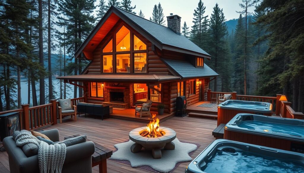 A cozy mountain cabin nestled in a lush, pine-scented forest, with a large wooden deck overlooking a tranquil lake. The interior features plush furniture, a stone fireplace, and a well-equipped kitchen with rustic wooden cabinetry. Natural light floods the space through large windows, and warm, ambient lighting creates a welcoming atmosphere. Soft textures, such as knitted blankets and fluffy rugs, add to the inviting ambiance. Outdoor amenities include a picnic table, a fire pit, and a hot tub, perfect for family gatherings and relaxation. The scene conveys a sense of peaceful seclusion and connection with nature, ideal for an unforgettable family vacation.