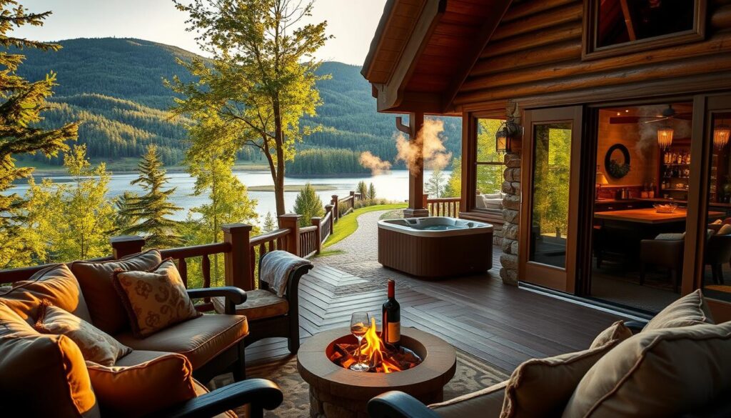 A cozy mountain cabin set against a backdrop of lush, rolling hills and a serene, glistening lake. In the foreground, a warm and inviting porch adorned with plush outdoor furniture, a crackling firepit, and a small table laden with a bottle of wine and two glasses. The lighting is soft and golden, creating a romantic ambiance. Through the cabin's large windows, glimpses of a spacious living area can be seen, complete with a rustic stone fireplace, rich leather seating, and a well-stocked bar. In the middle ground, a path winds through the verdant foliage, leading to a private hot tub nestled amongst the trees, steam rising gently. The overall scene exudes a sense of tranquility, luxury, and the perfect escape from the everyday.