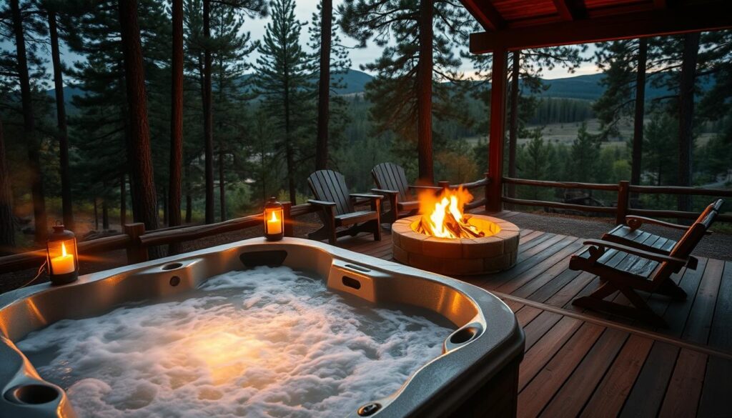A cozy outdoor hot tub nestled in a secluded forest clearing, surrounded by towering pines and a backdrop of rolling hills. Steaming water gently bubbles, reflecting the warm glow of lanterns and the dancing flames of a nearby firepit. Soft mood lighting illuminates the natural wood deck, creating an inviting and serene atmosphere perfect for relaxation. The scene is framed by a wide-angle lens, capturing the tranquil beauty of this intimate cabin retreat.