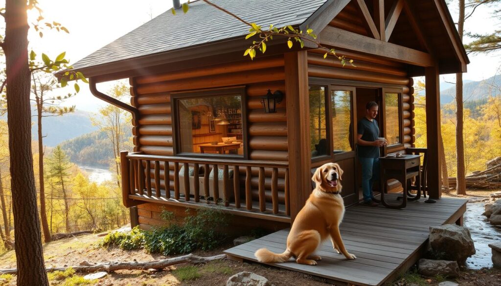 A cozy, pet-friendly cabin nestled in the lush, rolling hills of Western North Carolina. The exterior features weathered wood siding, a wraparound porch, and large picture windows offering panoramic views of the surrounding forest. In the foreground, a golden retriever relaxes on the porch, wagging its tail as its owner emerges from the cabin, carrying a cup of steaming coffee. Warm, natural light filters through the trees, casting a soft, inviting glow over the scene. The background reveals a tranquil mountain stream winding through the landscape, with distant peaks visible on the horizon. The overall atmosphere is one of rustic charm, serenity, and the perfect escape for both humans and their four-legged companions.