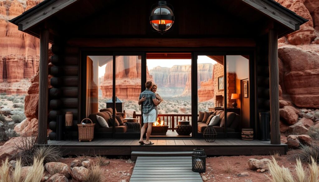 A cozy red rock cabin nestled in the heart of the Utah wilderness, surrounded by towering sandstone formations bathed in warm, golden light. In the foreground, a couple embraces on a rustic wooden porch, gazing out at the stunning natural landscape. The cabin's interior is visible through large windows, revealing a crackling fireplace and plush furnishings that invite relaxation and intimacy. Soft, diffused lighting creates a romantic, intimate atmosphere, while the cabin's design seamlessly blends with the rugged, picturesque setting. A sense of tranquility and seclusion pervades the scene, inviting the viewer to imagine themselves escaping to this enchanting retreat.