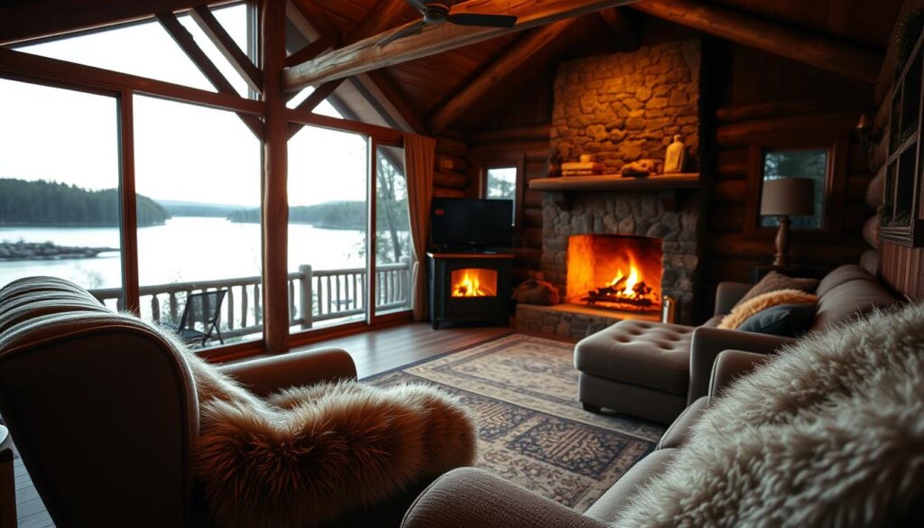 A cozy riverfront cabin interior with warm, rustic charm. In the foreground, a plush armchair and a fur-lined blanket invite relaxation. In the middle ground, a crackling fireplace casts a soft glow, complemented by wooden beams and a comfy sectional sofa. The background reveals floor-to-ceiling windows overlooking a tranquil river, allowing natural light to flood the space. The atmosphere is one of peaceful solitude, enhanced by the gentle sound of flowing water and the distant call of wildlife. Lighting is a balance of ambient and directional, creating depth and highlighting the cabin's inviting features. The overall mood is one of comfort, connection, and serenity.