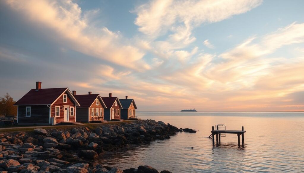 A cozy row of historic lightkeepers' cottages nestled along the rugged shores of Lake Huron, their weathered wood siding aglow in the warm hues of an autumn sunrise. Wispy clouds drift overhead, their reflections rippling across the still, glassy waters. A small dock juts out into the lake, inviting visitors to take in the serene, soul-stirring vista. The cottages' cheery red roofs and crisp white trim stand in picturesque contrast to the moody, deep blues of the lake and sky. Capture the timeless charm and tranquility of this quintessential Michigan lakeside retreat.