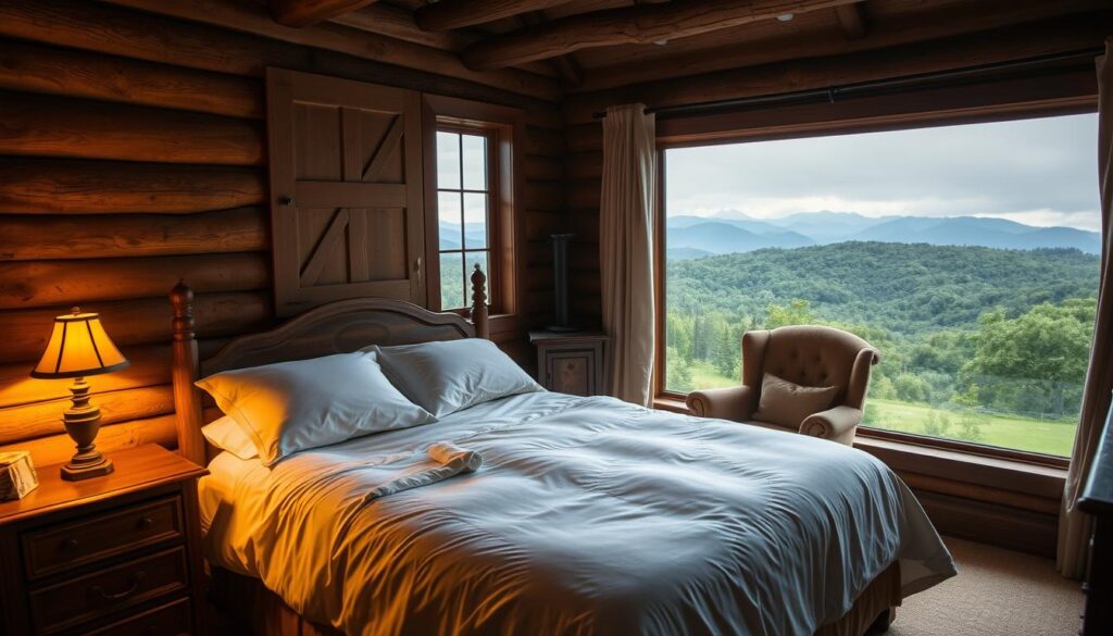 A cozy, rustic bed and breakfast nestled in the lush, rolling hills of upstate New York. Warm, ambient lighting casts a soft glow over the plush, inviting bed draped in crisp, white linens. A pair of antique nightstands flank the bed, each topped with a wooden table lamp. In the corner, a well-worn armchair sits adjacent to a small, crackling fireplace, hinting at the tranquil charm of this intimate retreat. Through the large, picture window, a picturesque landscape of verdant forests and distant mountains comes into view, creating a serene, secluded atmosphere perfect for a romantic getaway.