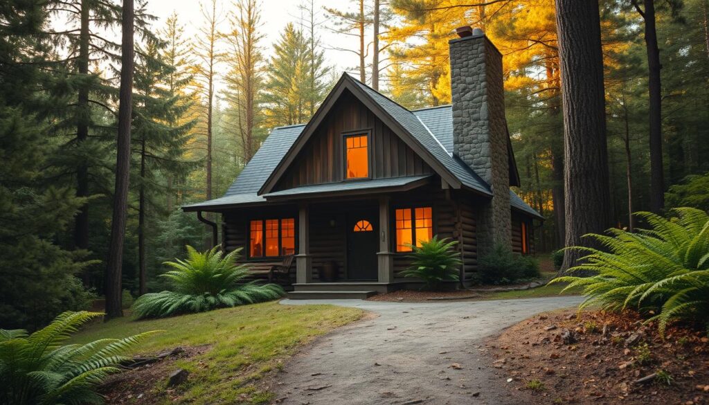 A cozy, rustic cabin nestled amidst the lush, forested slopes of Vernon, New Jersey. The structure features a charming, gabled roof, weathered wood siding, and a large stone chimney. The cabin is surrounded by towering pines and verdant ferns, creating a serene, natural atmosphere. Warm, golden light filters through the cabin's windows, casting a cozy glow upon the scene. In the foreground, a well-worn path leads towards the cabin's inviting entrance, hinting at the idyllic getaway awaiting within. The overall impression is one of tranquility, comfort, and a connection to the rugged beauty of the Appalachian Trail and Mountain Creek region.