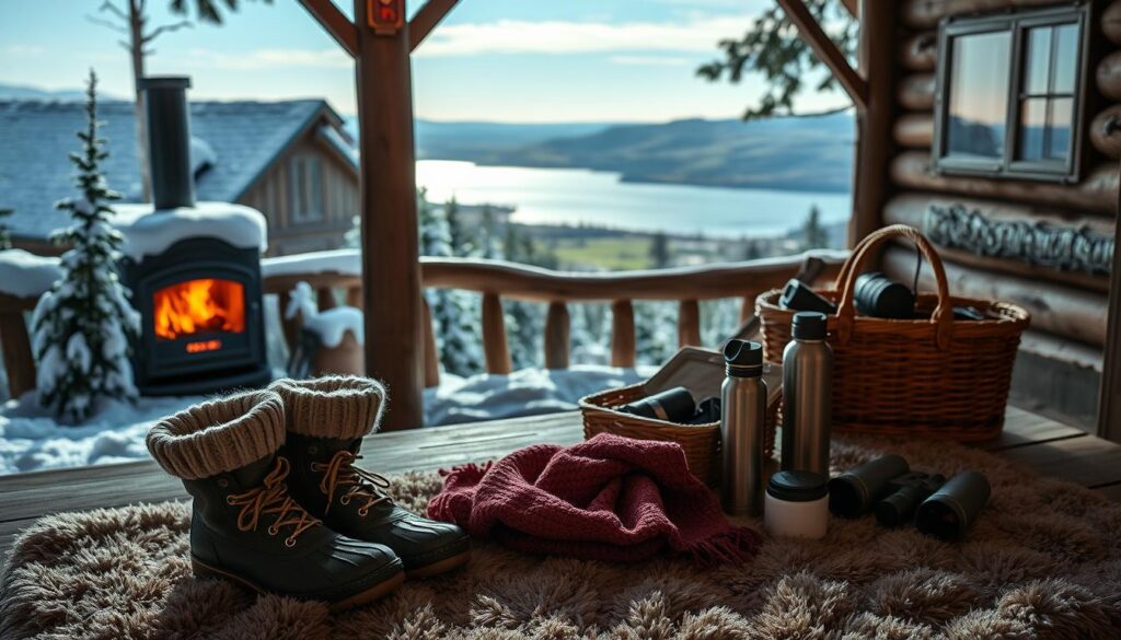A cozy, rustic cabin nestled in a snow-covered forest, with a crackling fireplace visible through the frosty windows. In the foreground, a pair of snow boots and a warm knitted scarf sit on a plush rug, hinting at the winter adventures to come. The middle ground features a picnic basket, a thermos, and a pair of binoculars, alluding to summer excursions to nearby scenic trails and beaches. The background showcases a panoramic view of a rolling, verdant landscape, with a glistening lake or ocean in the distance, reflecting the changing seasons.