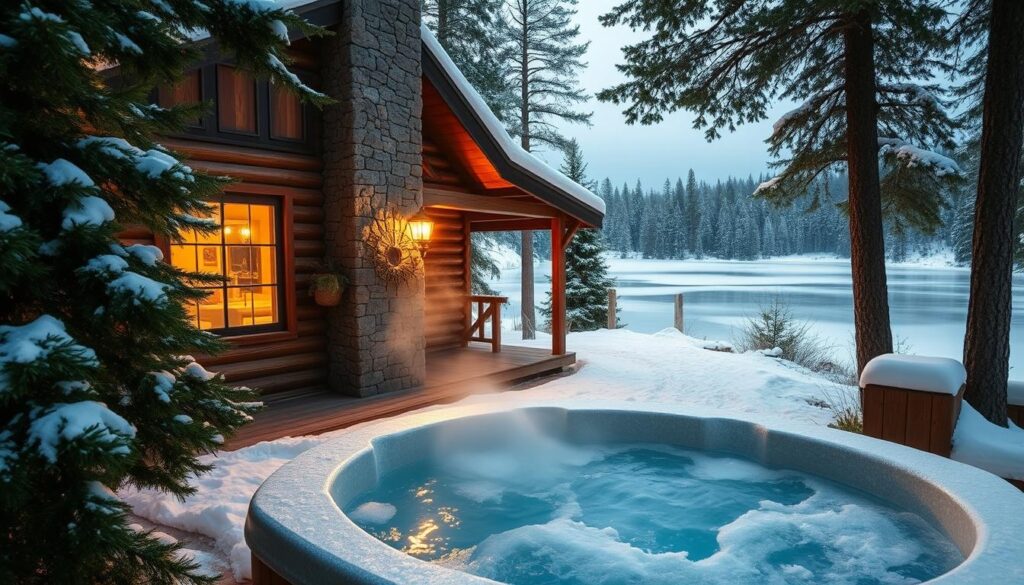 A cozy, rustic cabin nestled in a snow-dusted forest glade, its exterior weathered with time. In the foreground, a steaming hot tub beckons, surrounded by freshly fallen snow and lush evergreen foliage. Warm, golden light filters through the cabin's windows, casting a romantic glow over the serene scene. The cabin's log walls and stone chimney stack add to the tranquil, rural ambiance. In the background, a frozen lake reflects the idyllic landscape, framed by towering pines. This enchanting winter oasis exudes an aura of privacy, comfort, and tranquility - the perfect setting for a couples' retreat.