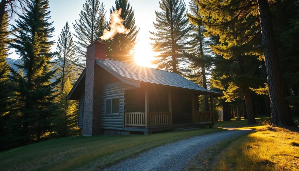 A cozy, rustic cabin nestled in the lush, evergreen forests of Idaho, bathed in warm, golden sunlight filtering through the tall pines. The cabin's exterior features weathered wood siding, a welcoming porch, and a chimney puffing light wisps of smoke. The foreground showcases a well-worn path leading to the cabin's entrance, while the background reveals a serene mountain landscape with snow-capped peaks. The scene exudes a sense of tranquility and escape, inviting the viewer to imagine a peaceful weekend getaway in this picturesque, nature-inspired setting.