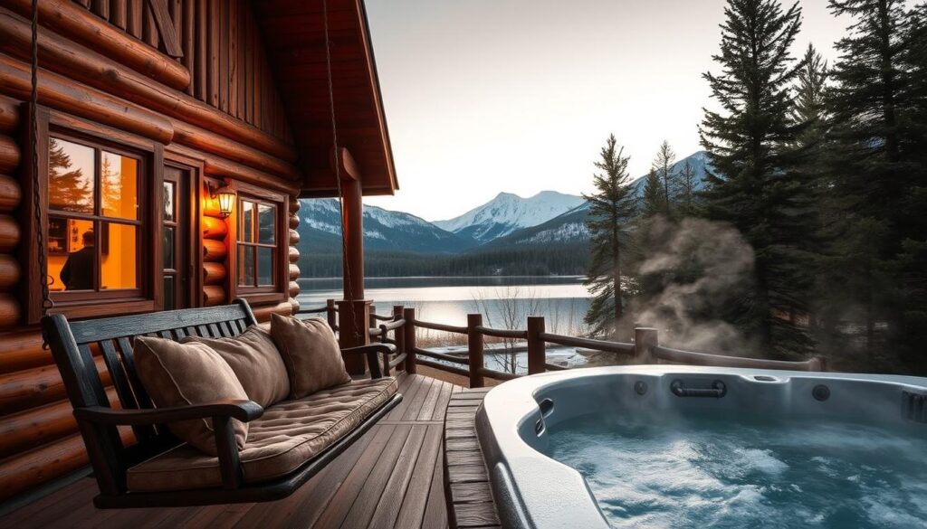 A cozy, rustic couples retreat nestled in the serene Montana wilderness. The cabin's exterior features warm, weathered wood siding and a large, inviting porch overlooking a tranquil lake. Soft, golden light filters through the cabin's windows, creating a romantic, intimate atmosphere. In the foreground, a plush, cushioned swing invites couples to relax and enjoy the stunning mountain views. The middle ground showcases a secluded hot tub, steam rising gently into the crisp, clean air. The background is dominated by towering evergreen trees and snow-capped peaks, offering a sense of seclusion and privacy. The overall scene conveys a perfect balance of comfort, luxury, and breathtaking natural beauty.
