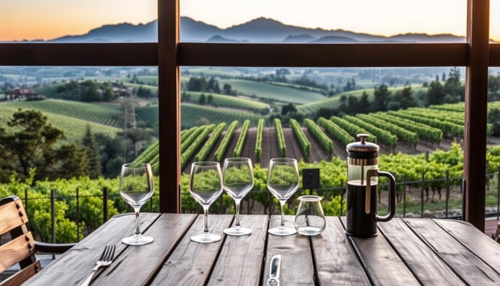 A cozy, rustic deck overlooking the picturesque Central Coast of California. In the foreground, a weathered wooden table is set with an array of local wine glasses and a French press coffee maker, inviting visitors to savor the region's finest vintages and brews. The middle ground showcases lush, rolling hills dotted with verdant vineyards, their rows of trellised vines stretching into the distance. In the background, the majestic Santa Lucia Mountains rise up, their rugged peaks silhouetted against a warm, golden sunset sky. Soft, diffused lighting bathes the scene, creating a serene and intimate atmosphere perfect for a tranquil retreat amidst the coastal and wine country landscapes.
